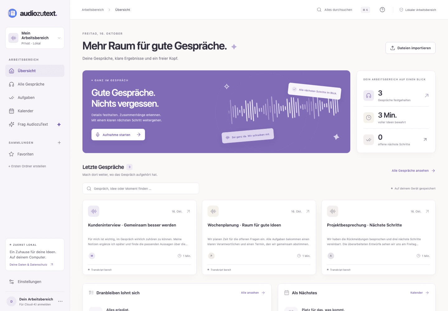 The German AudiozuText desktop app showing a conversation library with example data.